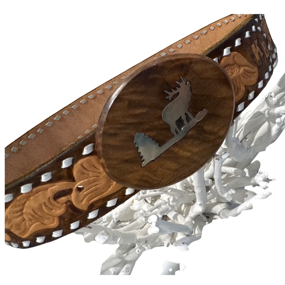 Custom‎ leather belt wooden oval buckle metal moose silhouette inlay about 27"